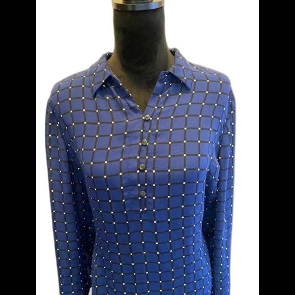 Renuar Blouse Sz XL Navy Black Squares Collared Cuffed Sleeves Flowy Dressy Top - Picture 1 of 11